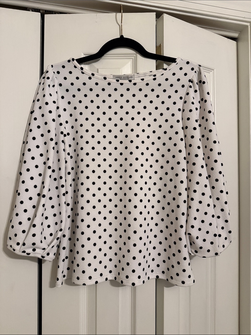 Green Envelope Bubble Sleeve White Top with Black Polka Dots
